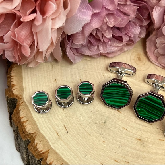 Stunning Green Malachite Silver Octagon Cufflinks Tuxedo Studs Formal 8 Pcs Set - Picture 5 of 16